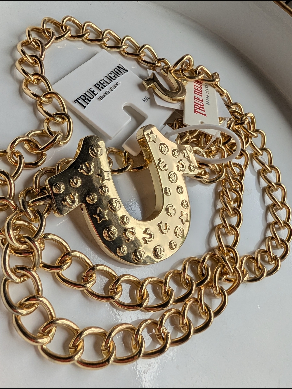 True Religion Gold-Tone Embossed Horseshoe Pendant Chain Belt